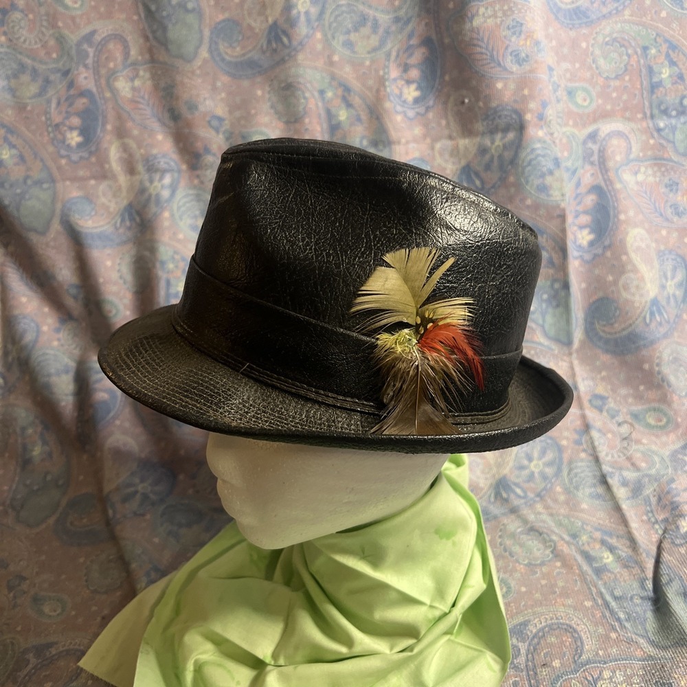 Vintage United Hatters Cap  Leather Fedora Hat Feathered Please Read Description